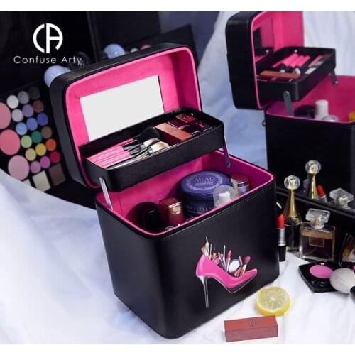 Fashion with a mirror cosmetic bag professional storage box women large capacity makeup case organizer portable pretty suitcase