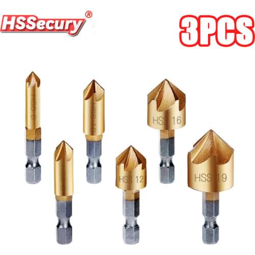 3/6 Pcs Countersink Drill Bit Set 1/4'' Hex Shank HSS 5 Flute Countersink 90 Degree Wood Chamfering Cutter Chamfer 6mm-19mm