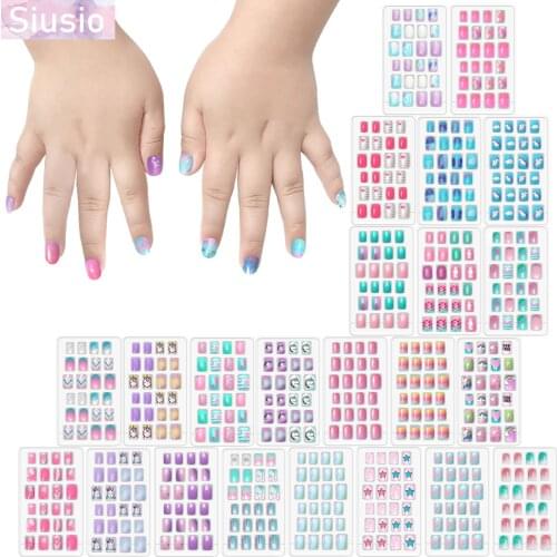 24pcs Children Fake Nails Tips Gradient Unicorn Glitter Rainbow Short Artificial DIY Star Lovely Gift for Girl Nail Art Decorate