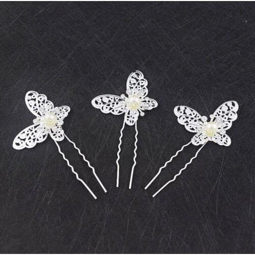 New Wedding Accessories Pearl Hair Jewelry Headwear Charm Silver Plated Butterfly U Shape Hairpin Hair Sticks For Bridal