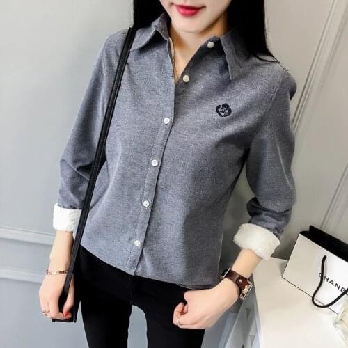 Very Thick Women Winter Style Blouses Shirts Lady Casual Long Sleeve Turn-down Collar Velvet Blusas Tops