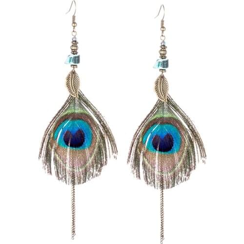 Original vintage Accessories peacock feather Water drops tassels single earring Ethnic statement jewelry bohemian dangle earring