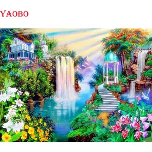 Full Square round Diamond Painting Landscape Waterfall 5D Diamond embroidery Needlework Mosaic Decoration Cross Stitch kits Home