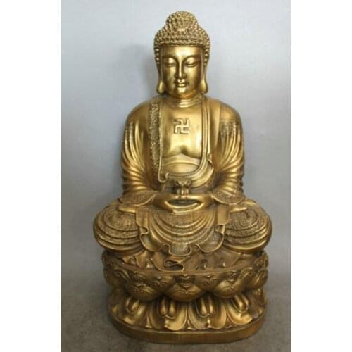 USPS to USA S2148 20" Tibet Buddhism Brass Seat hand hold lotus Shakyamuni Amitabha Buddha Statue