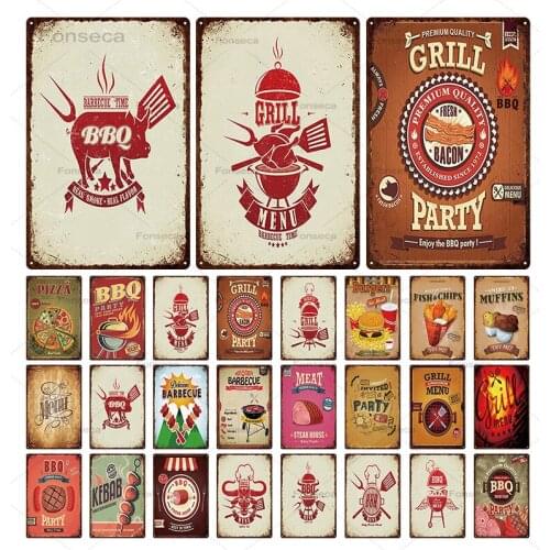 BBQ Signs Vintage Barbecue Metal Plaque Tin Sign Dads BBQ Poster Decorative Metal Plates Room Wall Stickers Bar Pub Home Decor