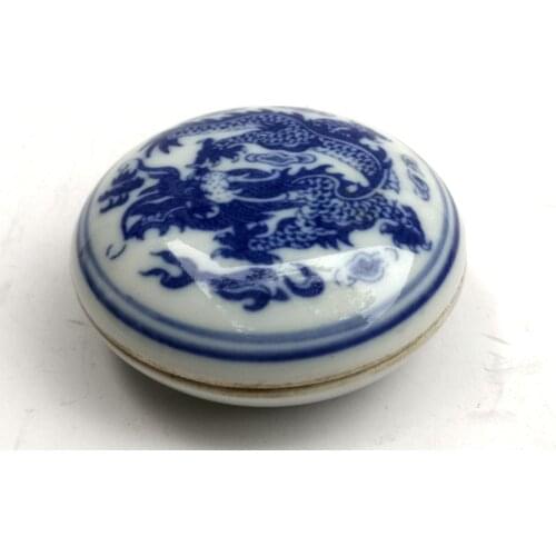 YIZHU CULTUER ART Collection Chinese Old blue-and-white Porcelain Dragon Make-up Powder Box Gift Decoration
