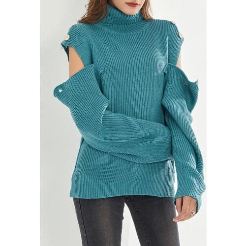 Sexy Female Cutout Sleeves Turtleneck Knitted Sweater Women Casual Loose Pullover Sweater Top