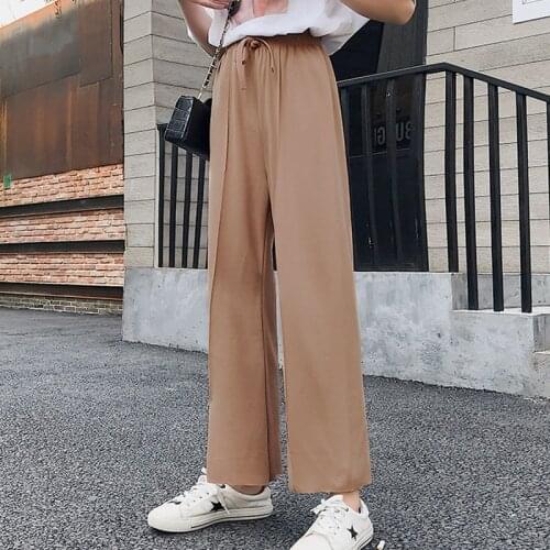 Women High Waist Chiffon Slit Wide Leg Pants 2021 Loose Fashion Ninth Pants New Design Summer Office Lady Solid Straight Pants