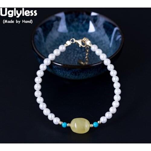 Uglyless Real 925 Sterling Silver Fine Jewelry for Women Nature Pearls Beads Bracelets Beading Amber Bracelet Mom Gift Turquoise