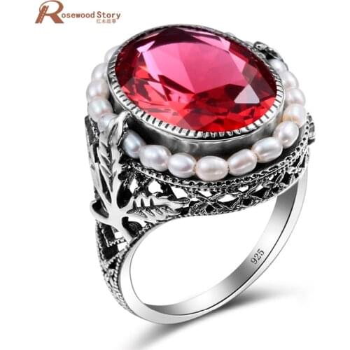100% Genuine Natural Freshwater Pearl Ring Elegant Lab Ruby Stone CZ Ring 925 Sterling Silver Cocktail Rings For Women Wedding