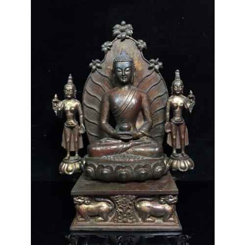 12"Tibet temple Old Bronze Lacquer Cinnabar Northern Wei Buddha Sakyamuni Medicine Buddha Left and right guardian Enshrine