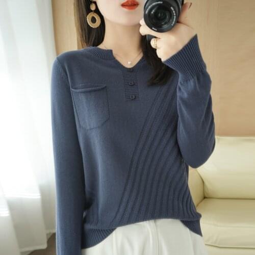 21 new style 100% pure cotton knitted womens V-neck full-sleeve sweater pure color short pullover 4-color spring and autumn