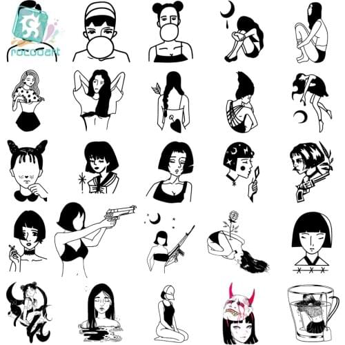 25Sheets CC 6X6cm Little Vintage Old School Style Gun Girls Women Black White Face Temporary Tattoo Sticker Body Art Fake Taty