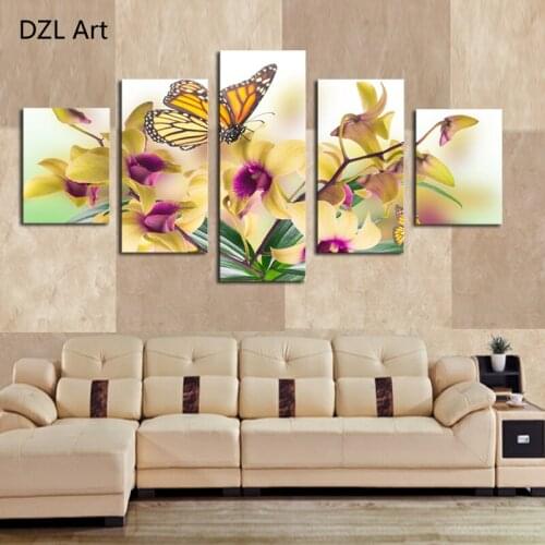 5 Panels(No Frame) Butterflies and flowers Picture Wall Decor Print on Canvas Oil Painting Canvas Painting for Christmas Gift