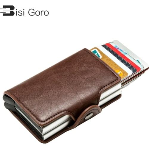 BISI GORO 2021 Smart Man Wallet Double Boxes Card Holder RFID Blocking Anti-theft PU Leather Wallet Travel Money Case