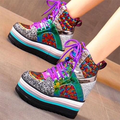 Women Shiny Glitter Cow Leather Platform Wedge Ankle Boots Fashion Sneakers High Heels Lace Up Casual Party Pumps Creepers