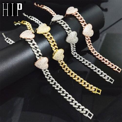Hip Hop Bling 8MM Full Ice Out Cuban Chain Necklace Bracelet With Heart Shape For Women Girls Fashion Jewelry
