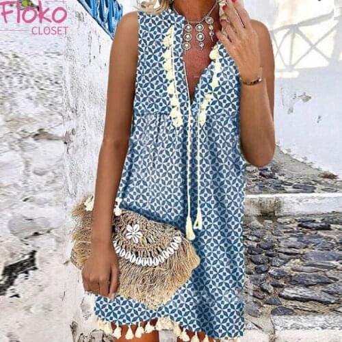 Flokocloset Summer Print V-Neck Sleeveless Tassel Mini Dress Causal Loose Lady Bohemian Party Dresses for Women