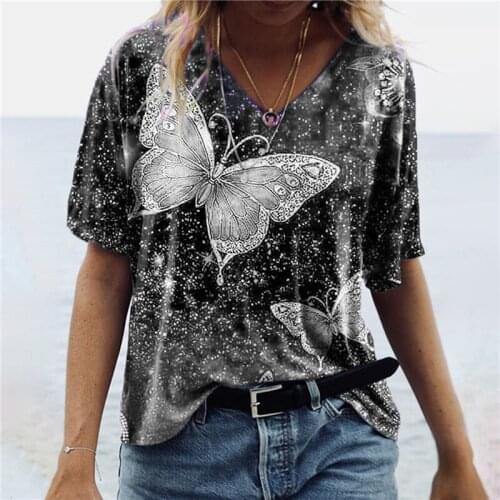Harajuku T-shirts Women Vintage Butterfly Printing Plus Size T-shirts V-neck Short Sleeve Summer Top T-shirt Mujer Camisetas