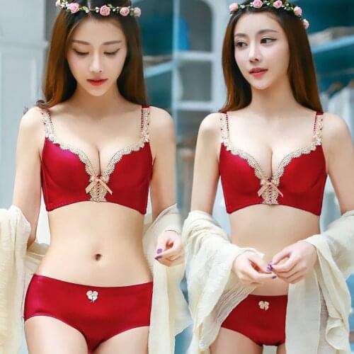 Underwear set womens no steel ring small chest gathered thickened thin breast top support adjustment type natal year red bra