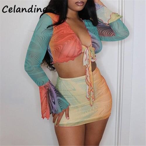 Celandine Fashion Summer Tie Dye Beach Skirt Set Long Sleeve Sexy Tops And Bodycon Mesh Mini High Waisted Skirt Two Piece Set