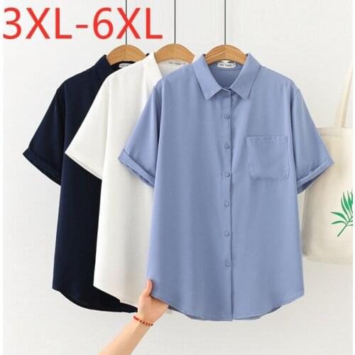 New 2021 Ladies Summer Plus Size Tops For Women Large Blouse Short Sleeve Loose Casual Blue Pocket Chiffon Shirt 3XL 4XL 5XL 6XL