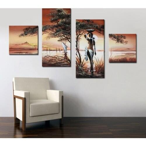 Hand Painted Nude African Women Image Painting Wall Decorative Painting 4 Panel Wall Art for Living Room Decorative Unframed
