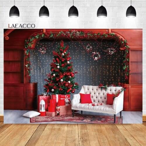 Laeacco Christmas Backdrops Indoor Living Room Christmas Tree Gifts Cabinet Family Portrait Customized Photography Backgrounds
