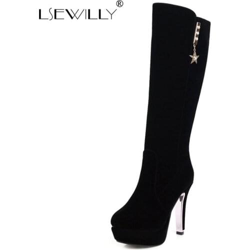 Lasyarrow Knee-High Women Boots Shoes Zip High Heels Long Boots Round Toe Thin Heels Boots Ladies Winter Black Size 30-48