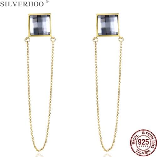 SILVERHOO 925 Sterling Sliver Earrings For Women Square-Shape Austria Crystal Earrings Girl dancing Party Romantic Trend Jewelry
