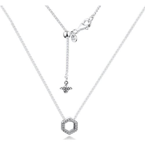 Sparkling Honeycomb Hexagon Collier Necklace Fits For Beads & Charms DIY Chain Fashion Female Necklace Sterling Silver Jewelry