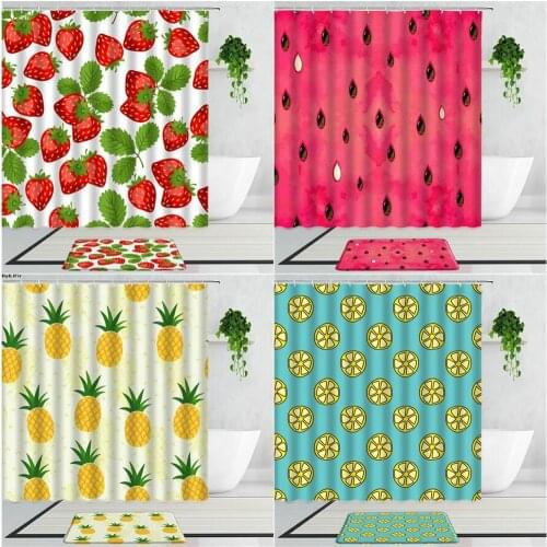 Tropical Fruit Shower Curtains Strawberry Watermelon Pineapple Lemon 3D Printing Bathroom Curtain Set Non-Slip Bath Mats Carpet