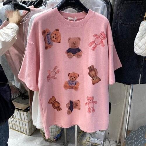 Summer New Harajuku Womens T-shirt Super Big Korean Version of Cute Cartoon Bear Printing Loose New Bottoming Shirt T-shirt