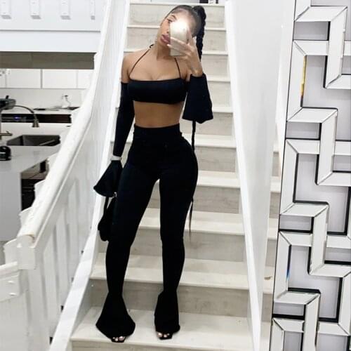 Hirigin 2020 Long Flare Sleeve Halter Slash Neck Sexy Crop Top Leggings 2 Pieces Set Autumn Winter Women Tracksuit
