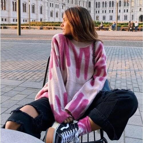 Tie Dye Print Long Sleeve Sweater Women Casual Loose 2021 New O Neck Knitted Top Base Shirt Sweaters