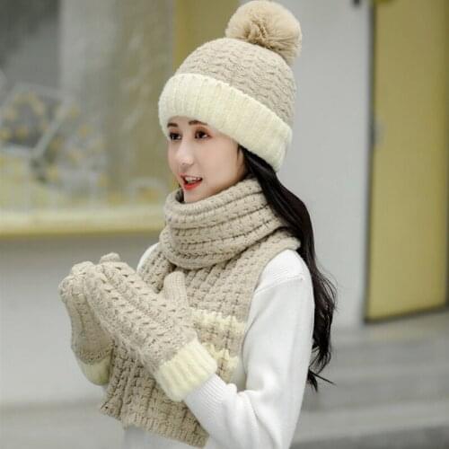 Women Winter 3Pcs Plush Lined Contrast Color Beanie Hat Long Scarf Gloves Set U90E