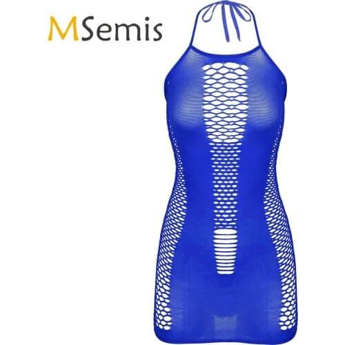 Womens Lingerie Hollow Out Fishnet Dress Halter Neck Lace-up Sleeveless Backless Stretchy Bodycon Dresses Nightwear Clubwear