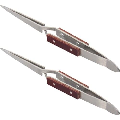 Utoolmart 1-2pcs/1set Stainless Steel Tweezers Curved/Straight Tip Bent Reverse Action With Cross Locking Wooden Handle Tweezers