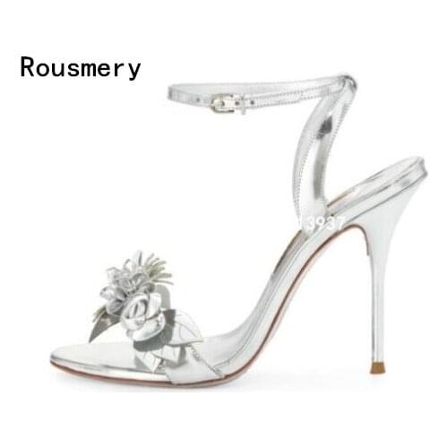 2017 Hot Summer Brand Rousmery Women Solid Beige/pink/black/sliver 100 mm Buckle Strap Lilico Floral Patent Leather Sandalsl