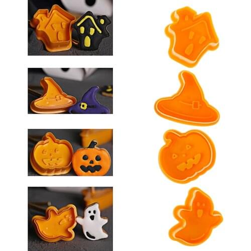 4pcs Halloween Pumpkin Ghost Theme Plastic Cookie Cutter Plunger Fondant Sugarcraft Chocolate Mold Cake Decorating Tools