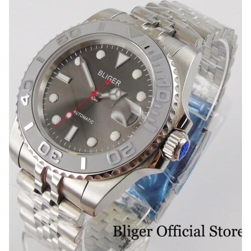 BLIGER SUB Steel Case Mechanical Men Watch Grey Sunburst Dial 24 Jewels NH35 MIYOTA 8215 Jubilee Bracelet Date Brushed Insert