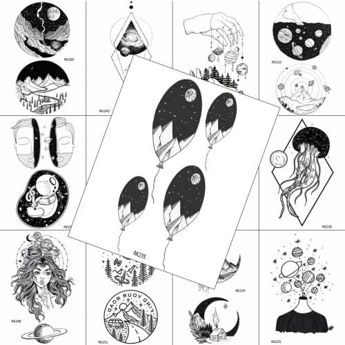 Black Balloon Mountain Temporary Tattoo Fake Geometric Galaxy Body Art Chest Tattoo For Adult Realistic Waterpoof Tattoo Sticker