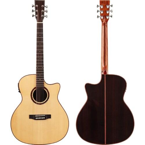 Solid Spruce Wood Top Electric Acoustic Guitar 40 Inch 6 Strings Natural Color High Gloss Finish 20F Cutaway Design Folk Guitar