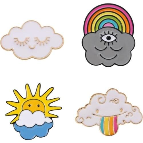 Smiling white clouds Beautiful rainbow Smiley Sun Lovely weather mood enamel brooch Cartoon Creative cowboy Sweater badge