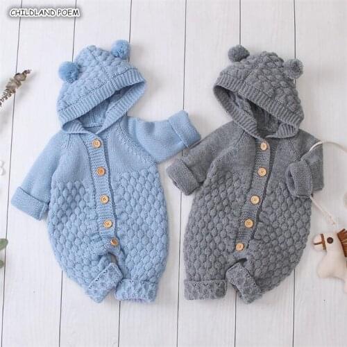 Newborn Baby Romper Autumn Winter Knitted Baby Clothes Hooded Baby Boy Romper Cotton Baby Jumpsuit For Boy Girls Romper Clothes