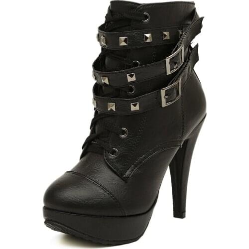 Hot-selling womens sexy fashion rivet boots ladies women cross-strap hasp high-heeled studded boots thin heels martin boots