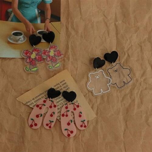 Sweet Cherry Cute Black Bear Earrings for Women Romantic Summer Flower Dating Jewelry 2021 Trend Korean Fashion Friends Gift M4