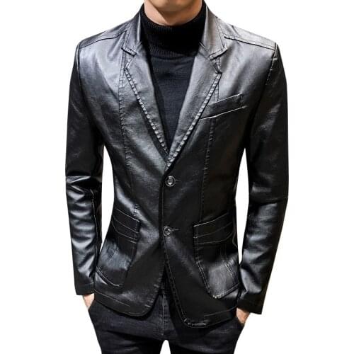 Men 's Leather Jacket 2021 Spring And Autumn Korean Style Solid Color Lapel Long Sleeve Motorcycle Button Jacket
