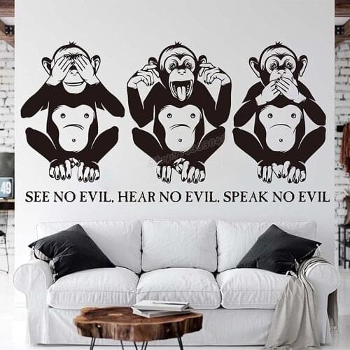 The Three Wise Monkeys Wall Decal See Hear Speak No Evil Monkey Inspirational Quote Vinyl Wall Sticker for Bedroom Decor C773