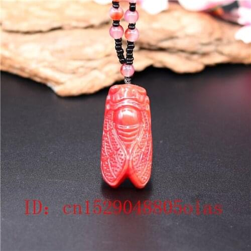Natural Red Coral Jade Stone Cicada Pendant Beads Necklace Chinese Jadeite Jewelry Charm Amulet Carved Gifts for Women Men